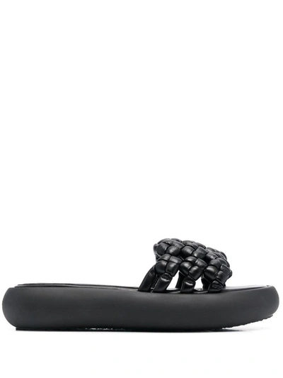 Vic Matie Woven Leather Platform Slides In Black