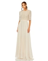 Mac Duggal Chiffon Gown With Fully Beaded 3/4 Sleeve Top In Nude