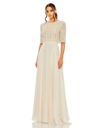 Mac Duggal Chiffon Gown With Fully Beaded 3/4 Sleeve Top In Nude