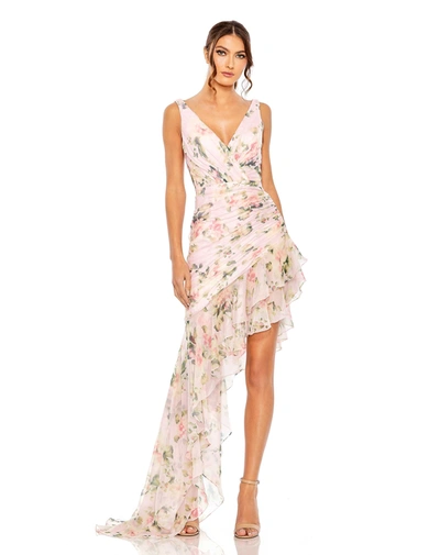 Ieena For Mac Duggal Floral Print Asymmetrical Ruffle Hem Dress In Pink Multi