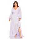 Mac Duggal Striped Faux Wrap Bishop Sleeve Gown In Lilac
