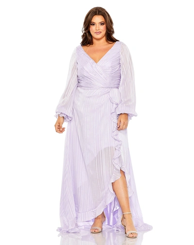Mac Duggal Striped Faux Wrap Bishop Sleeve Gown In Lilac