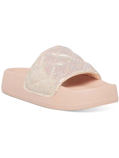 Madden Girl Estie Womens Rhinestone Flat Slide Sandals In Pink