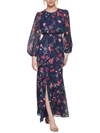 Eliza J Floral Long Sleeve Cascade Ruffle Maxi Dress In Blue