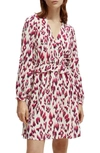 Scotch & Soda Long-sleeved Printed V-neck Mini Dress In 6018-brushed Ikat Ch
