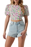 Astr Tie Back Puff Sleeve Crop Top In Pink Green Floral