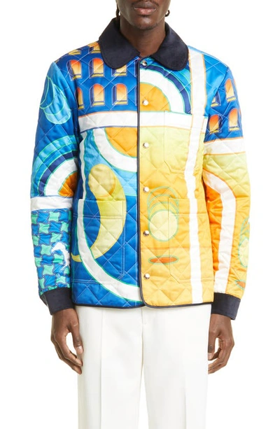 Casablanca Corduroy-collar Quilted-satin Jacket In Blue/orange