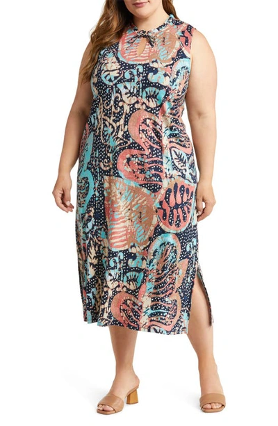 Nic + Zoe Batik Stamp Linen Blend Midi Dress In Blue