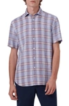 Bugatchi Plaid Short Sleeve Linen Button-up Shirt In Sky
