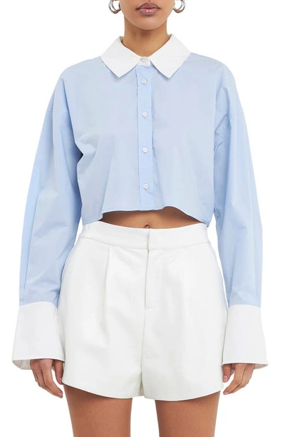 Grey Lab Women's Cotton Cropped Contrast Shirt In Blue