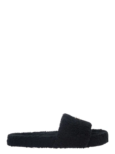 Dolce & Gabbana Terrycloth Sliders With Logo Tag In Black