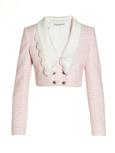 Alessandra Rich Tweed Lurex Crop Blazer W/ Collar In Pink