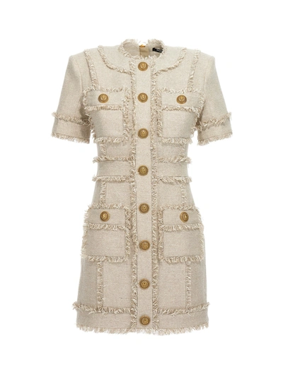 balmain beige dress Balmain Natural Beige Gold V-neck Monogram Knitted Jacquard Mini Dress   Miami Lux Boutique