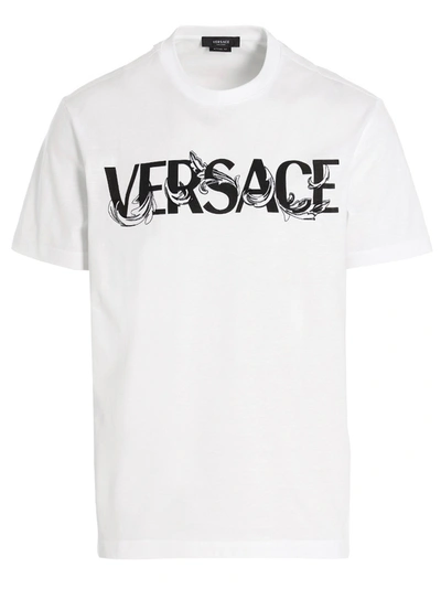 Versace Logo Embroidery T-shirt In Blanco