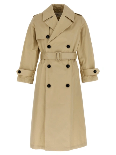 Ami Alexandre Mattiussi Long Satin Cotton Trench Coat In Beige