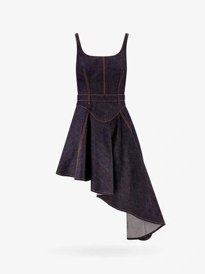 Alexander Mcqueen Asymmetrical Denim Mini Dress In Dark Rinsed