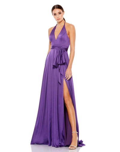 Ieena For Mac Duggal Pleated Charmeuse Halter Gown In Purple