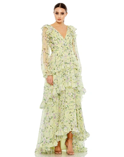 Mac Duggal Floral Chiffon Tiered Ruffle Puff Sleeve Gown In Green
