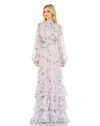 MAC DUGGAL FLORAL PRINT RUCHED RAGLAN SLEEVE TIERED GOWN