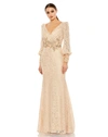 MAC DUGGAL LACE LONG SLEEVE V NECK EMBELLISHED GOWN