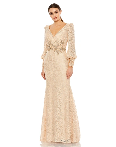 Mac Duggal Lace Long Sleeve V Neck Embelished Gown In Blush