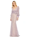 Mac Duggal Lace Long Sleeve V Neck Embellished Gown In Vintage Lilac
