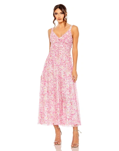 Mac Duggal Meshv-neck Floral Print Dress In Pink Multi