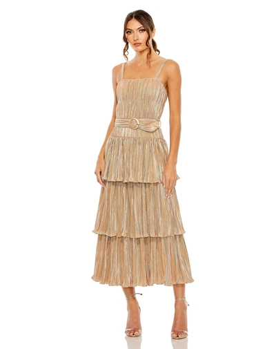 Mac Duggal 27062 A Line Pleated Metallic Tea Length Cocktail Dress In Brown