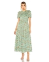 Mac Duggal Ruffle Tiered Short Sleeve A Line Dress In Sage Multi