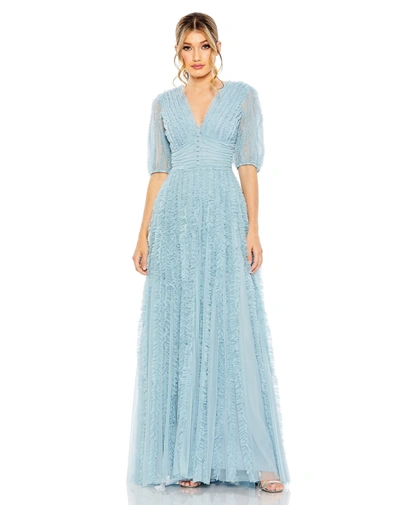 MAC DUGGAL BLUE V NECK PUFF SLEEVE RUFFLE TIERED A LINE GOWN