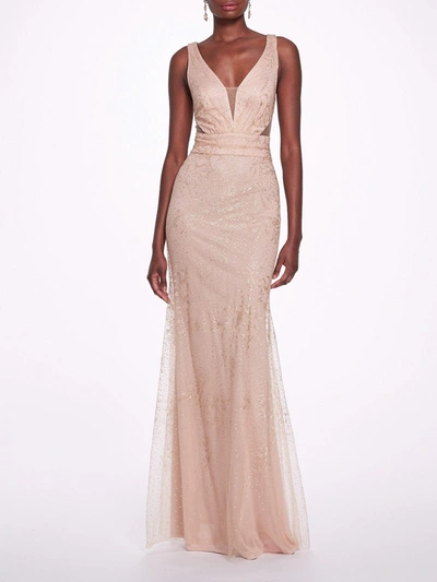 MARCHESA SLEEVELESS V-NECK GLITTER GOWN