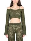 Gcds Cropped Geometric Knit Top With Long Sleeves In Green