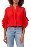 Vince Camuto Ruffle Sleeve Split Neck Blouse In Cherry Red