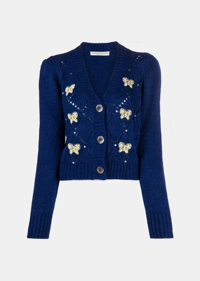 Alessandra Rich Embellished Knit Cropped Cardigan In Blue
