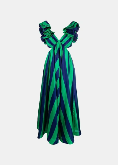 Zimmermann Tiggy Striped Frill-shoulder Maxi Dress In Green