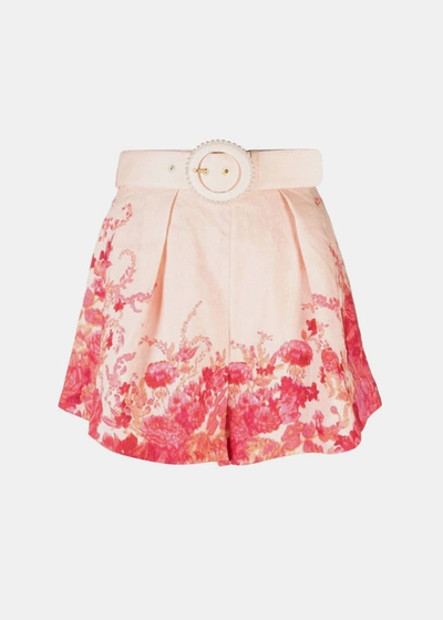 Zimmermann High Tide Belted Linen Tuck Shorts In Pink