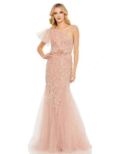 Mac Duggal Embellished One Shoulder Cap Sleeve Gown In Blush