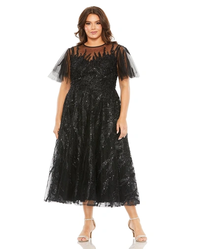 Mac Duggal High Neck Flutter Sleeve A Line Embellished Dress In Black