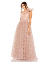 Mac Duggal One Shoulder Faux Bow Feather Tiered A Line Gown In Dusty Rose