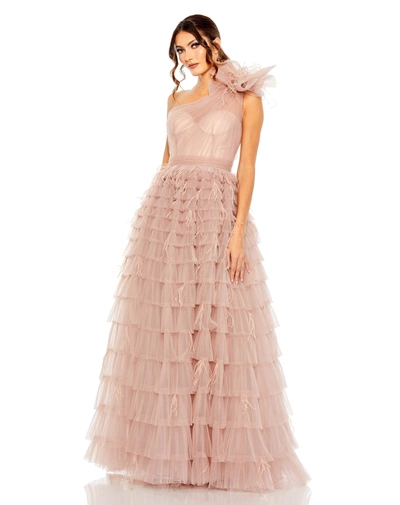 Mac Duggal One Shoulder Faux Bow Feather Tiered A Line Gown In Dusty Rose