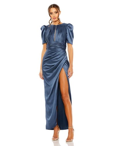 Mac Duggal Puff Sleeve Pleated Bodice Draped Gown In Midnight