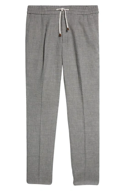 Brunello Cucinelli Pleated Gingham Drawstring Linen & Wool Pants In Grey