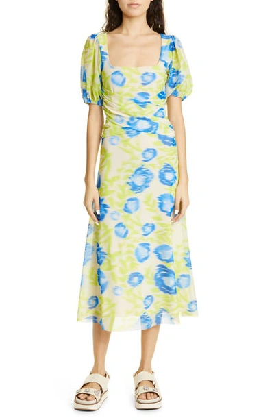 Ganni Ruched Printed Stretch-mesh Midi Dress In Strong Blue