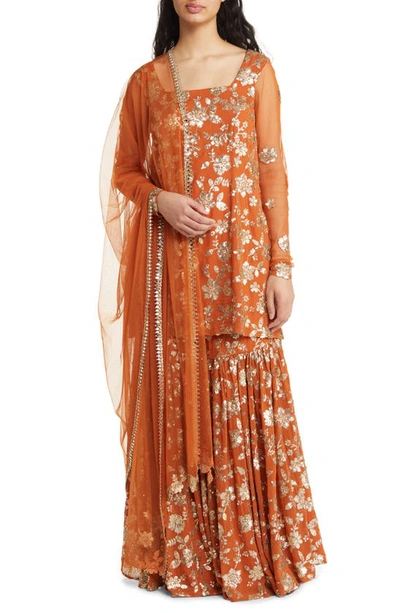 Sani Naya Floral Sequinlong Sleeve Gharara With Dupatta In Copper