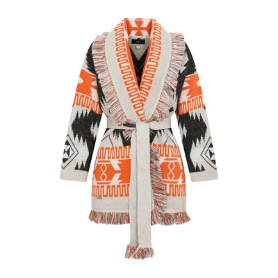 Alanui Icon Jacquard Multicoloured Cardigan With Fringes In Orange