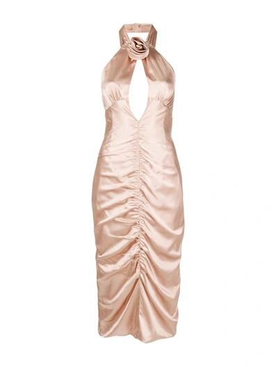 Alessandra Rich Rosette-embellished Ruched Midi Dress In Dusty Pink
