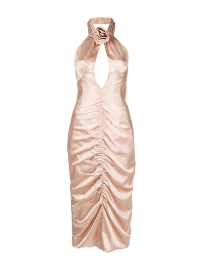 Alessandra Rich Silk Satin Ruched Dress With Rose Detail In Pink