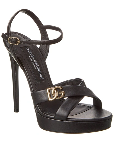 Dolce & Gabbana Dg Logo Leather Platform Sandal In Black