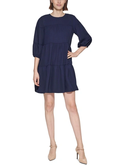 Calvin Klein Womens Tiered Textured Shift Dress In Blue