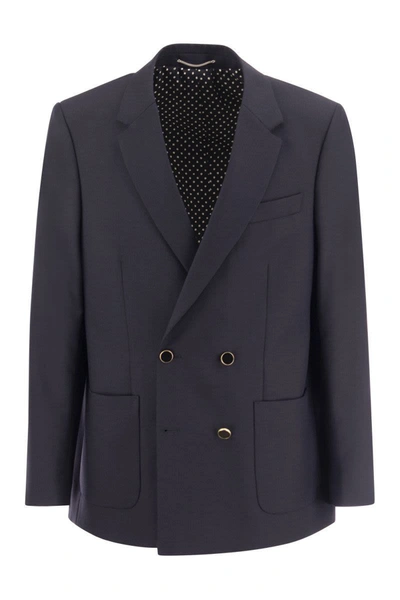 Pt Torino Double-breasted Jacket In Wool Blend In Navy